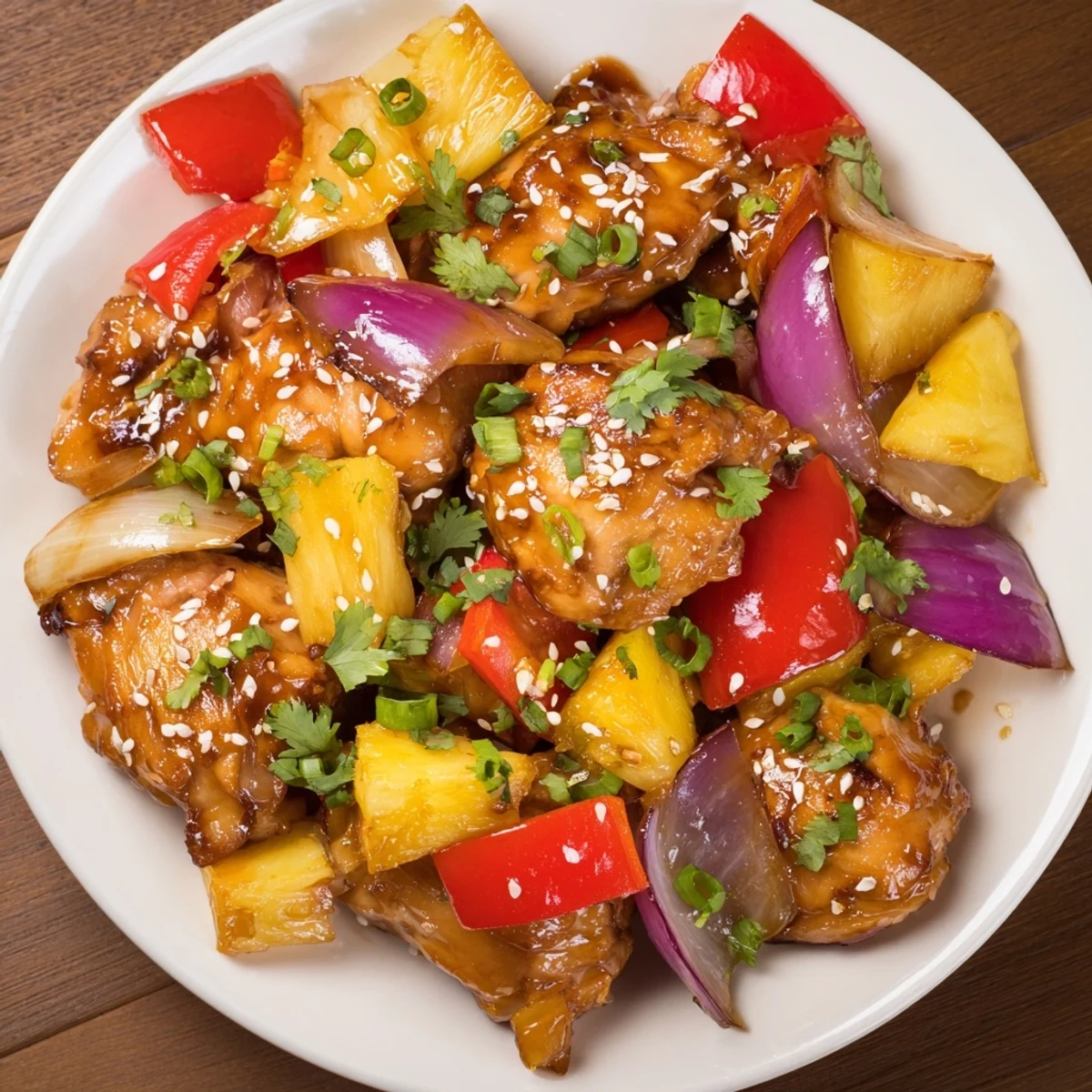 Golden-brown Marry Me Sheet Pan Hawaiian Chicken pieces rest beside roasted pineapple chunks and vibrant bell peppers on a white baking sheet.