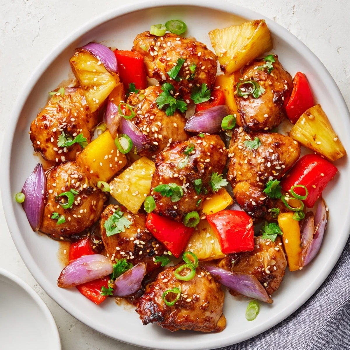 Marry Me Sheet Pan Hawaiian Chicken is served on a plate with rice, cilantro, and sesame seeds for a colorful dinner.
