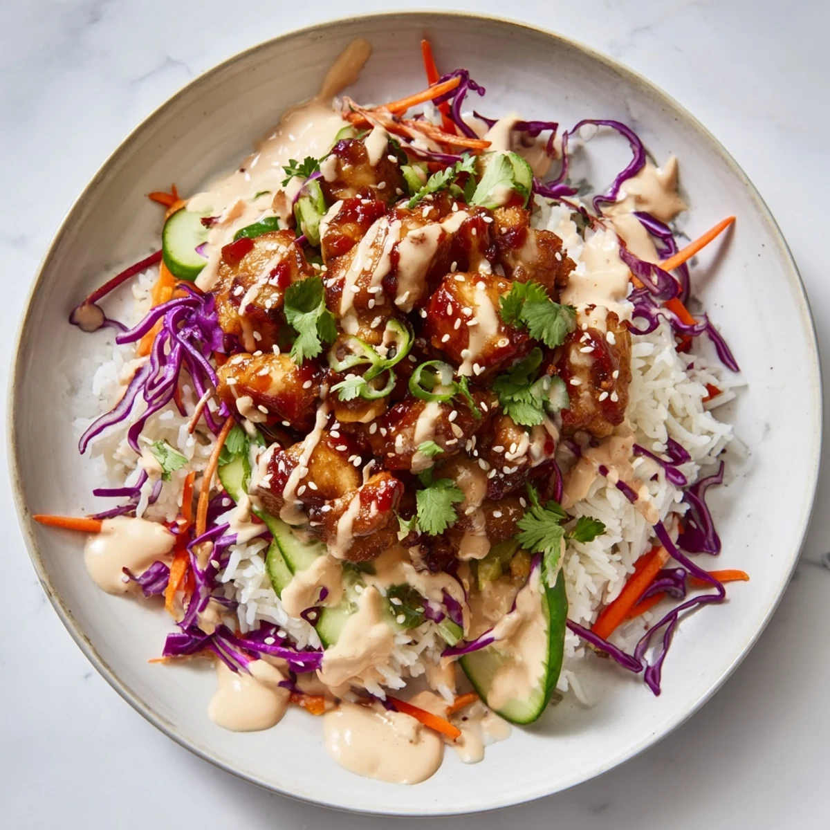 Marry Me Sweet Chili Chicken Bowl features glazed chicken, crunchy veggies, and creamy coconut lime drizzle over jasmine rice.