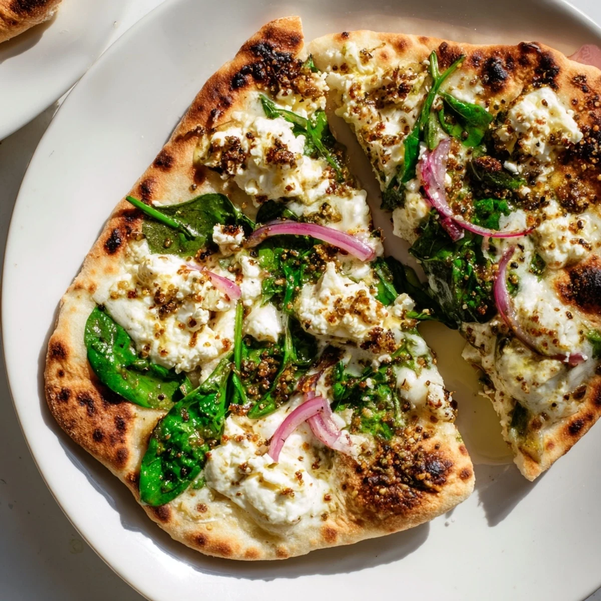Spinach and feta flatbread pizza with garlic aroma, bright greens, and tangy cheese on a ready-to-eat slice.