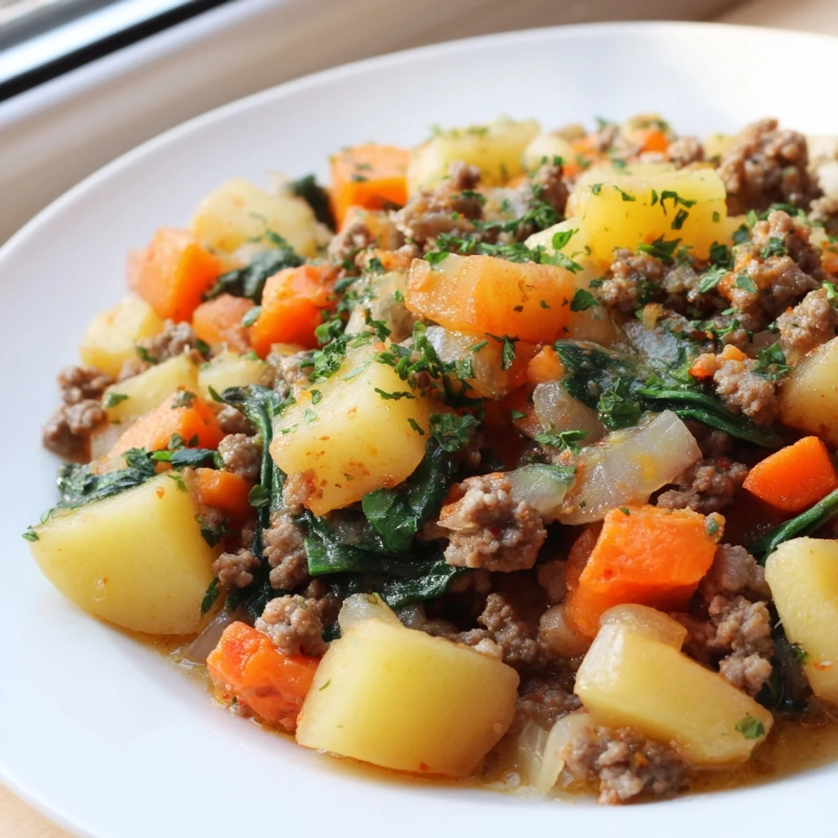 Sizzling lean ground beef and tender diced russet potatoes simmered in savory beef broth with spinach, topped with melted cheddar for High Protein Ground Beef and Potatoes.