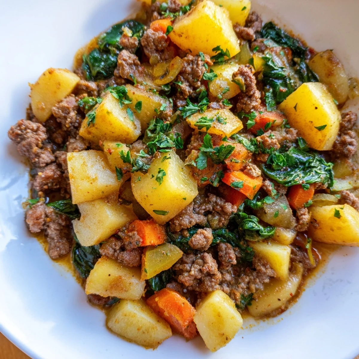 Close-up of rustic skillet High Protein Ground Beef and Potatoes, fluffy potatoes and browned beef mixed with wilted spinach, served as a comforting family-style main dish.