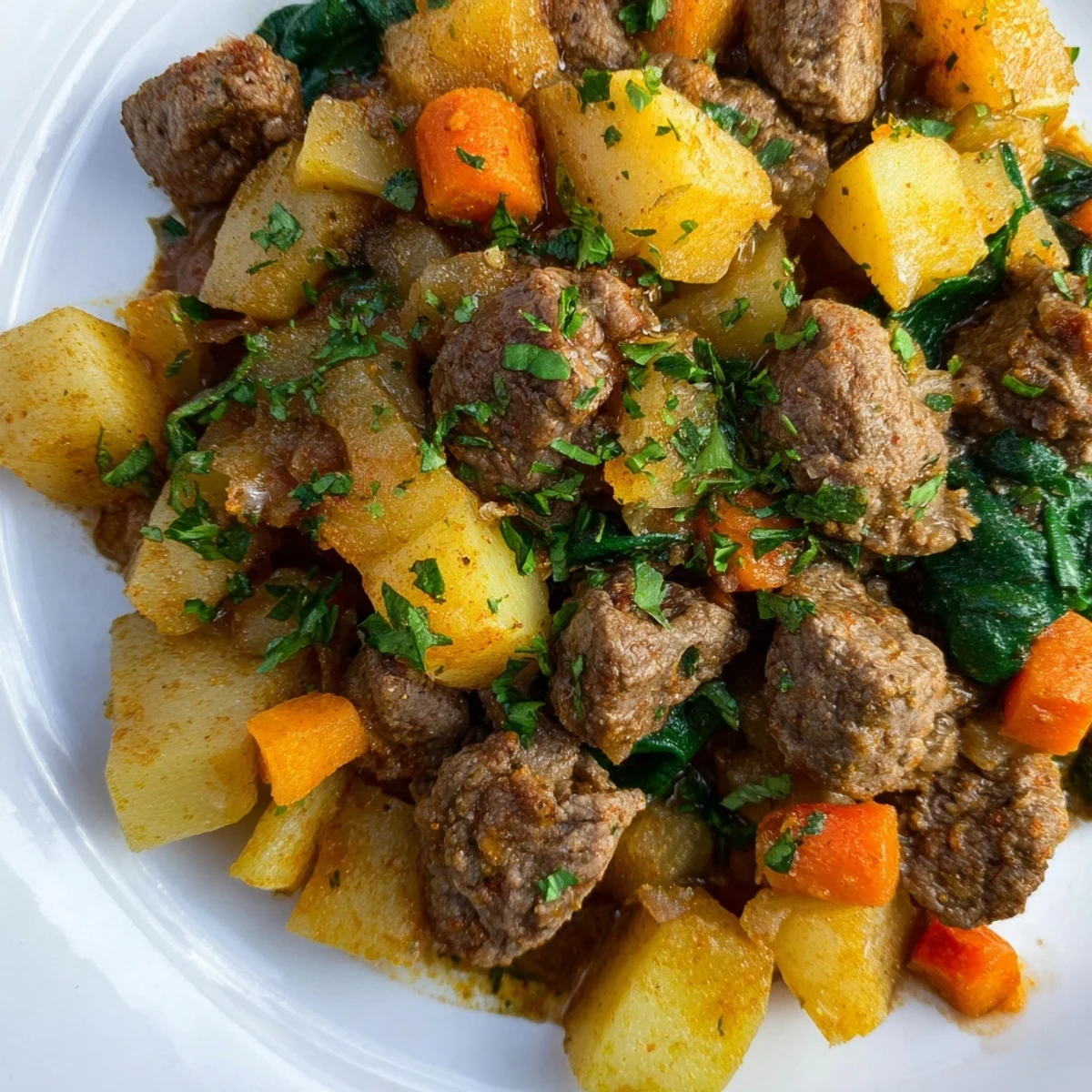A hearty skillet meal of seasoned ground beef, carrots, and diced potatoes in this High Protein Ground Beef and Potatoes, finished with fresh parsley and warm spices.