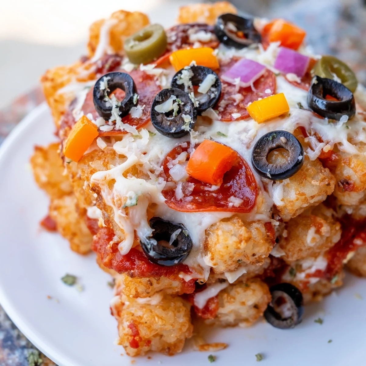 A close-up of the finished Cheesy Pizza Tot Casserole with bubbly golden cheese and crispy tater tots.