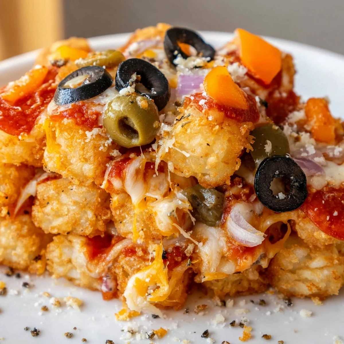 Slices of Cheesy Pizza Tot Casserole are served on a white plate with fresh salad and pepperoni.