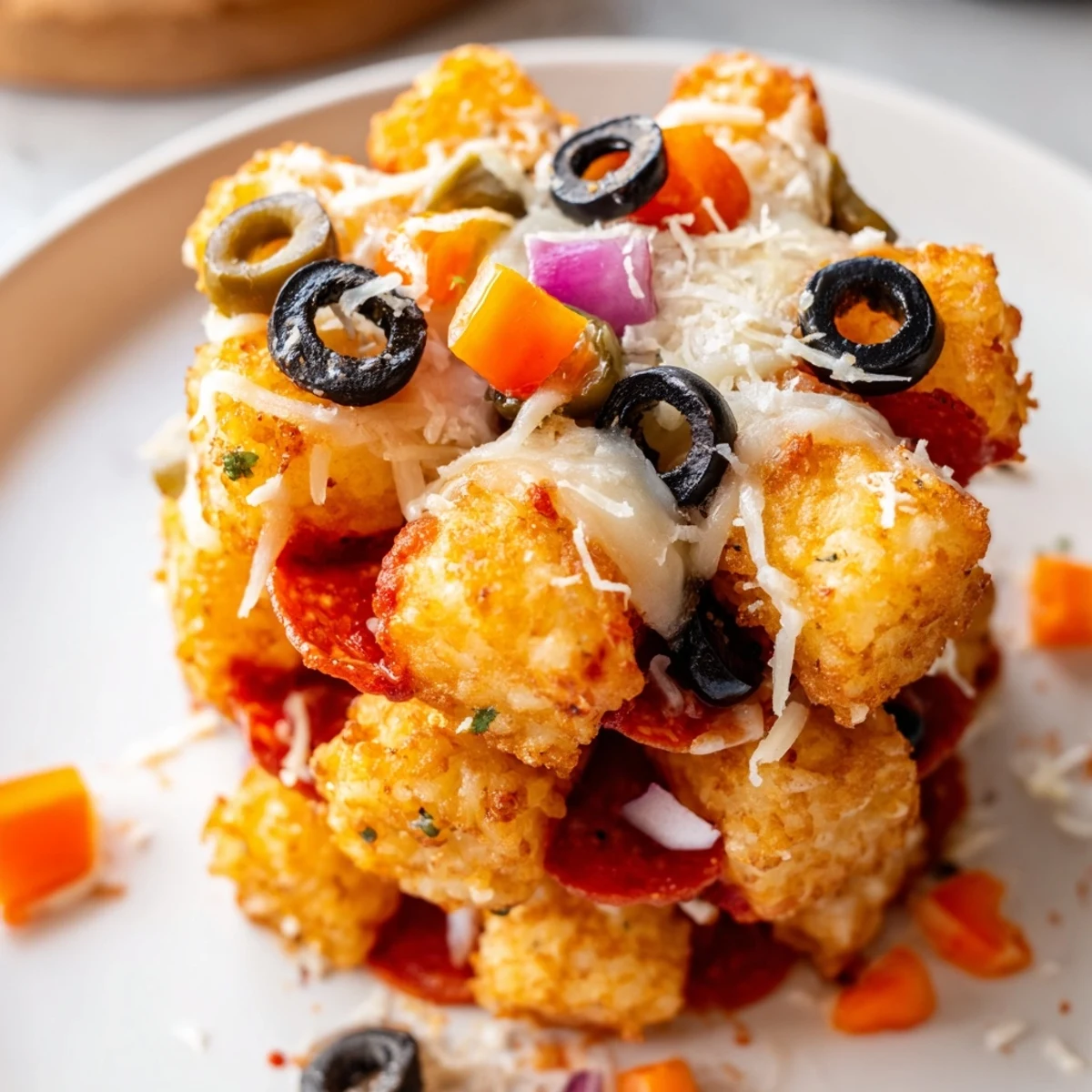 Melty cheese and colorful toppings on Cheesy Pizza Tot Casserole are pulled back from a wooden spoon.