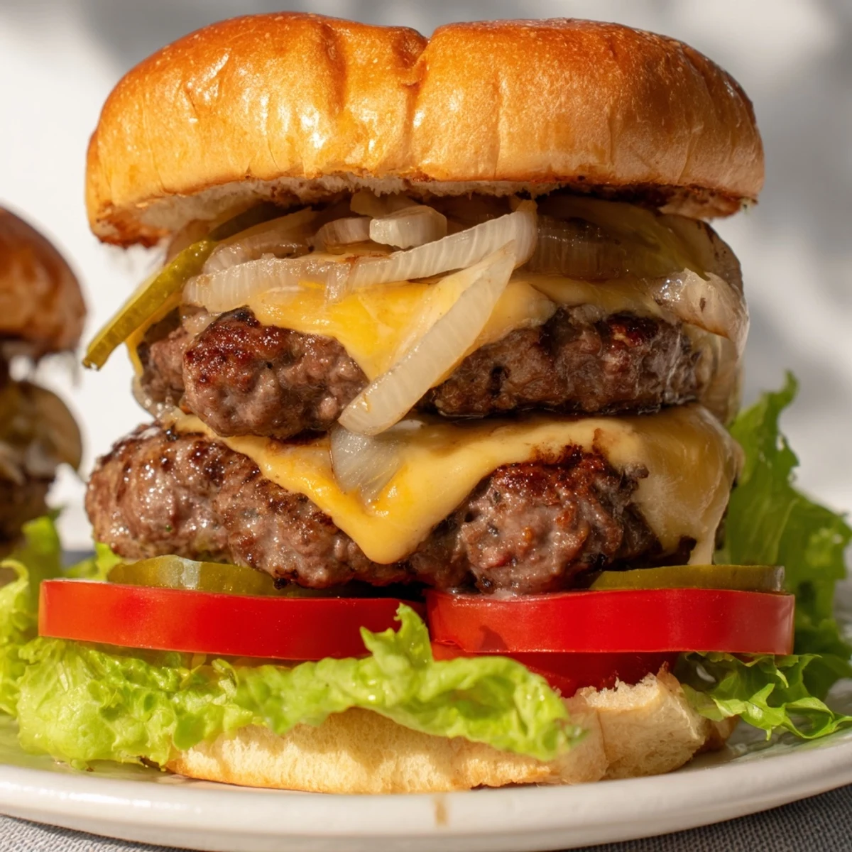 Juicy Flying Dutchman Burger patties stacked with melted cheese, served without a bun on a plate.