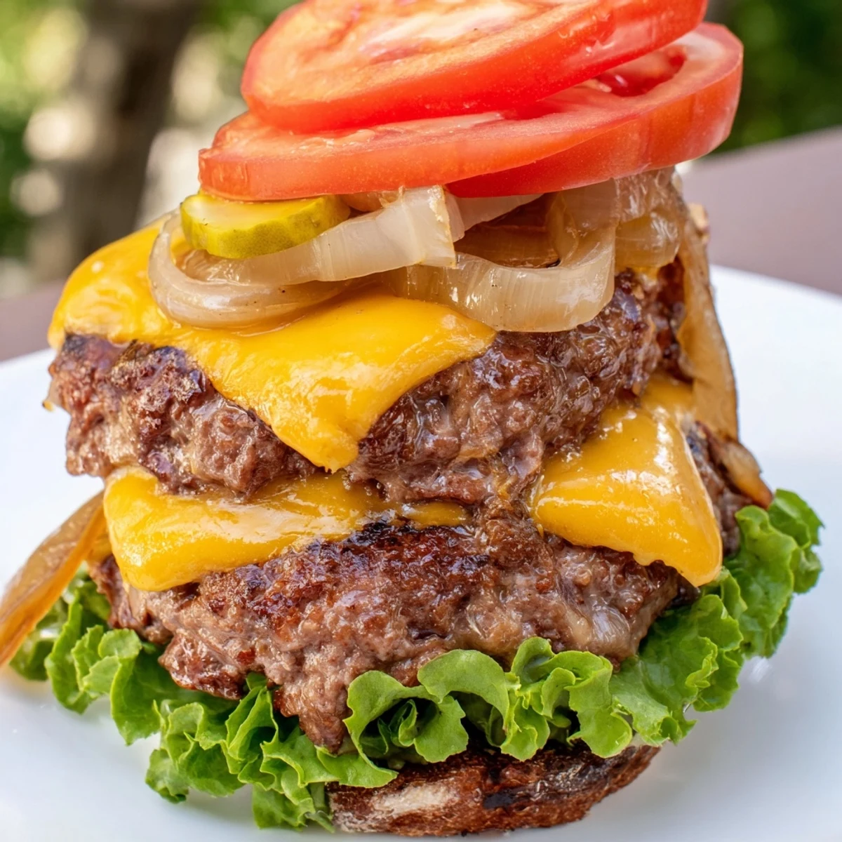 Melty Flying Dutchman Burger with grilled onions and pickles, showcasing the classic In-N-Out style layers.
