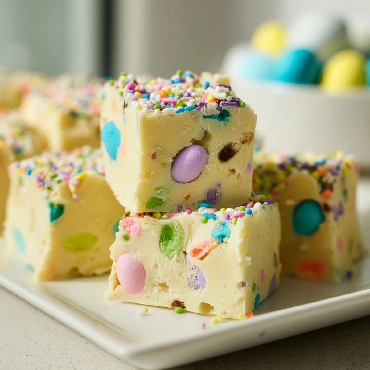 Creamy Easter Fudge squares topped with pastel candy eggs and sprinkles, perfect for spring gatherings.