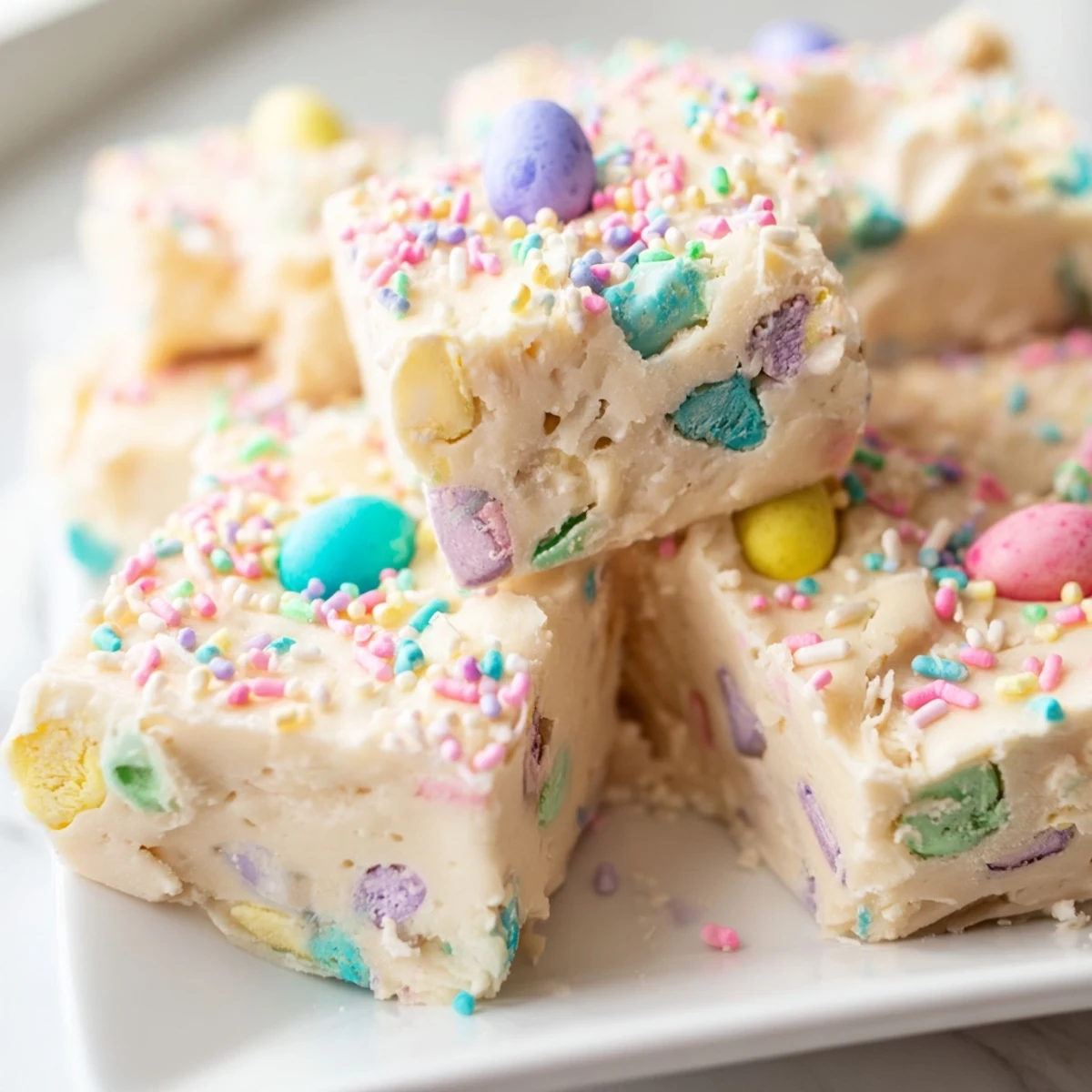 A close-up of smooth white chocolate Easter Fudge with colorful candies, ideal for dessert tables.