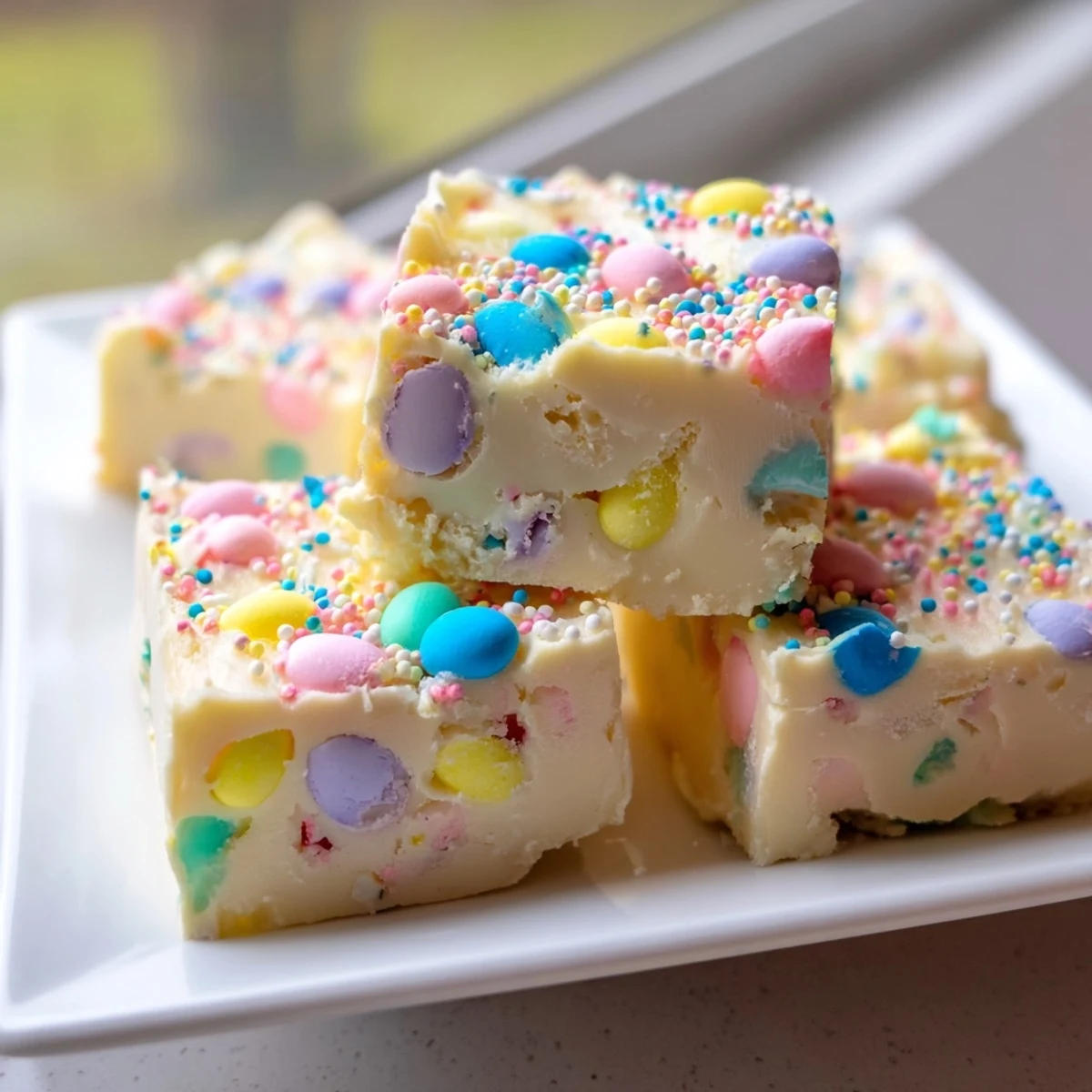 Easter Fudge cut into neat squares, featuring chopped candy eggs and pastel sprinkles for festive flair.