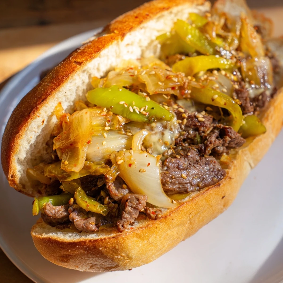 Golden toasted hoagie rolls loaded with savory bulgogi beef, spicy crunchy kimchi, and melted provolone cheese, ready to serve.