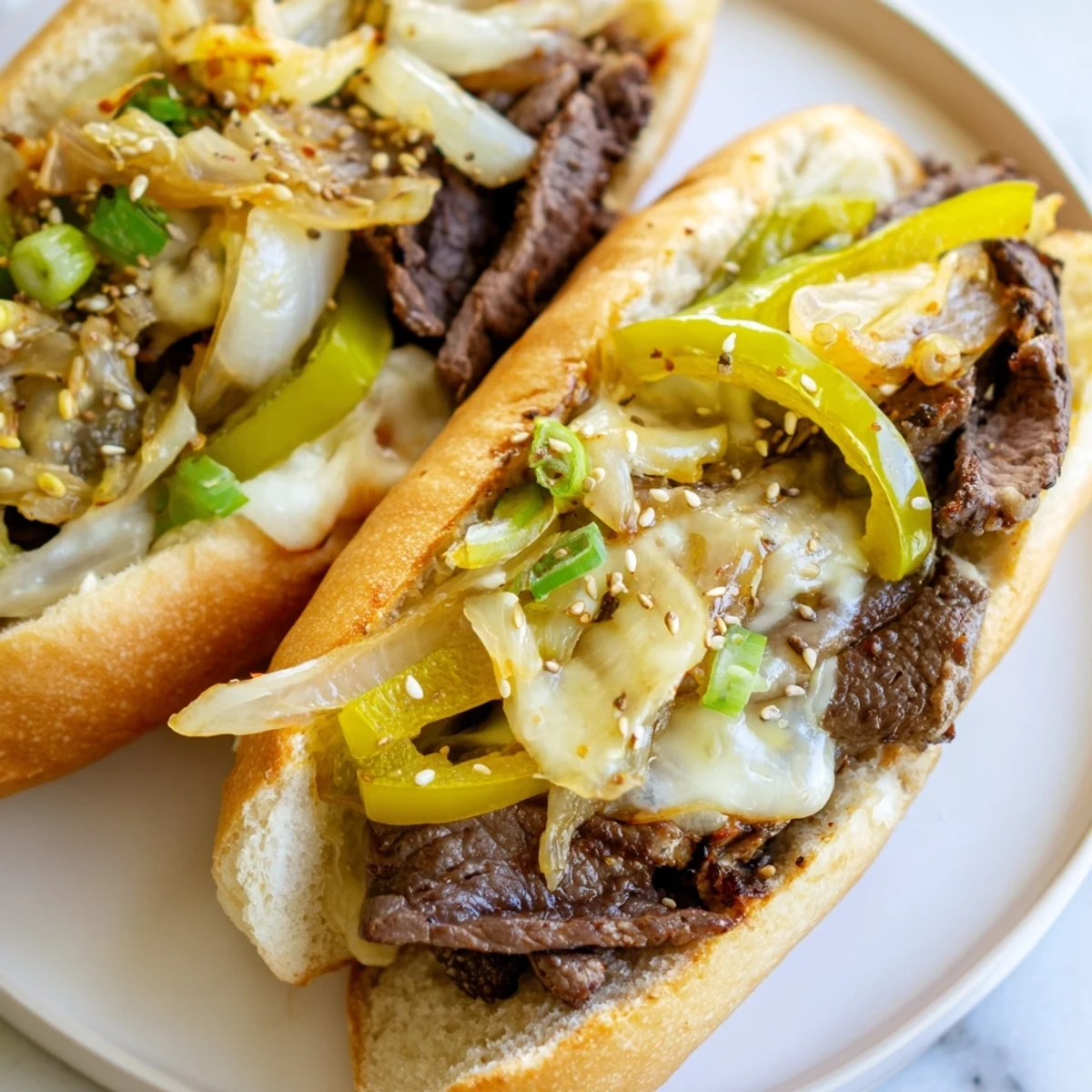Close up view of the gooey cheese pull on a hot Irresistible Korean Kimchi Bulgogi Cheesesteak held in hands.