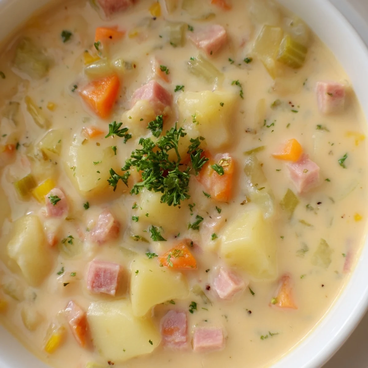 Steaming Light Ham & Potato Chowder in a rustic pot, showcasing tender potatoes, carrots, celery, and savory lean ham pieces.