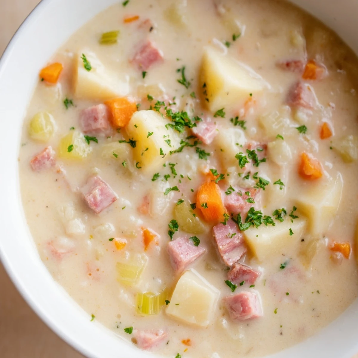Light Ham & Potato Chowder served in a white bowl, garnished with parsley, ready to be enjoyed with crusty bread.