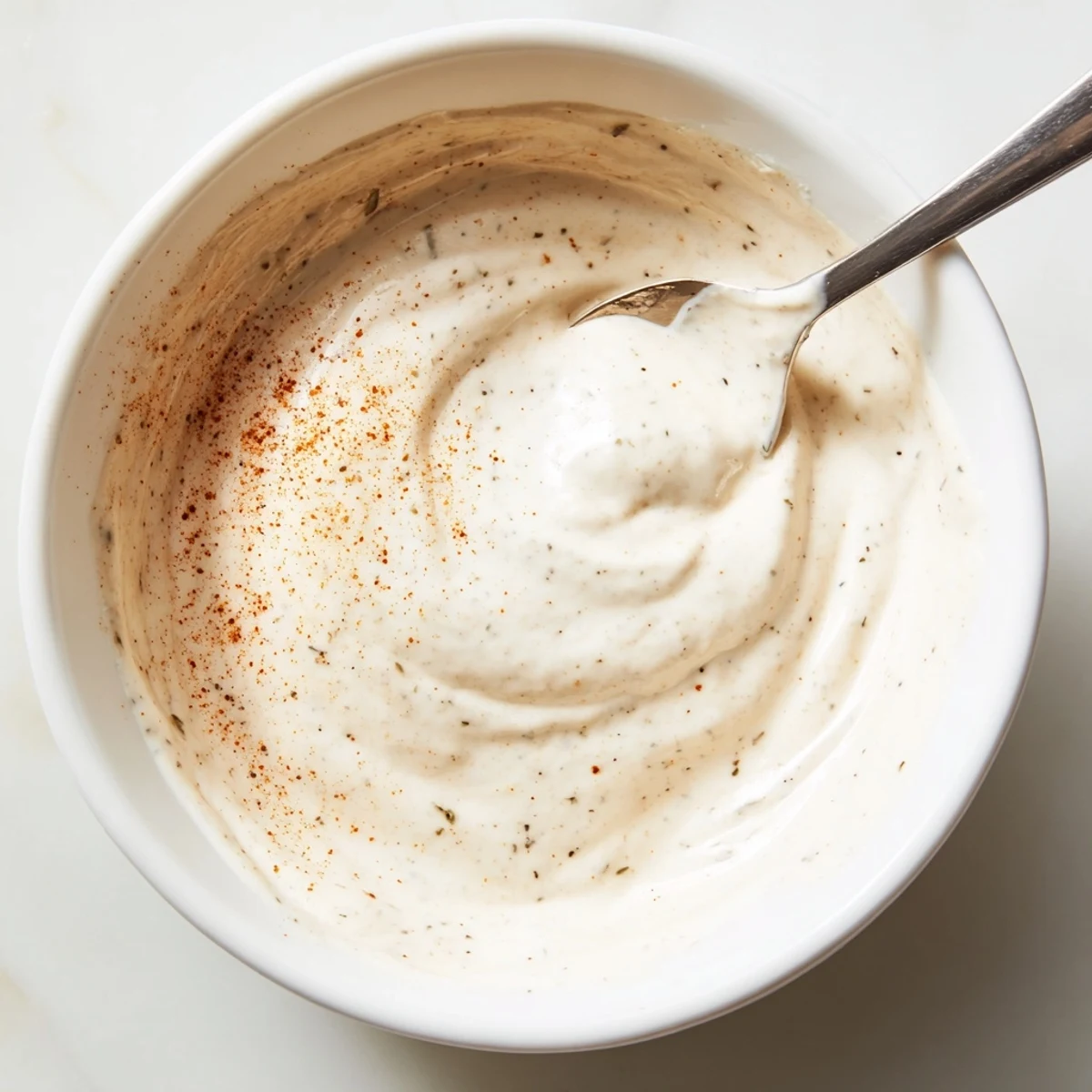 Creamy bowl of Hot Honey Ranch Crispy Chicken Tenders Sauce with fresh herbs and lemon wedges.