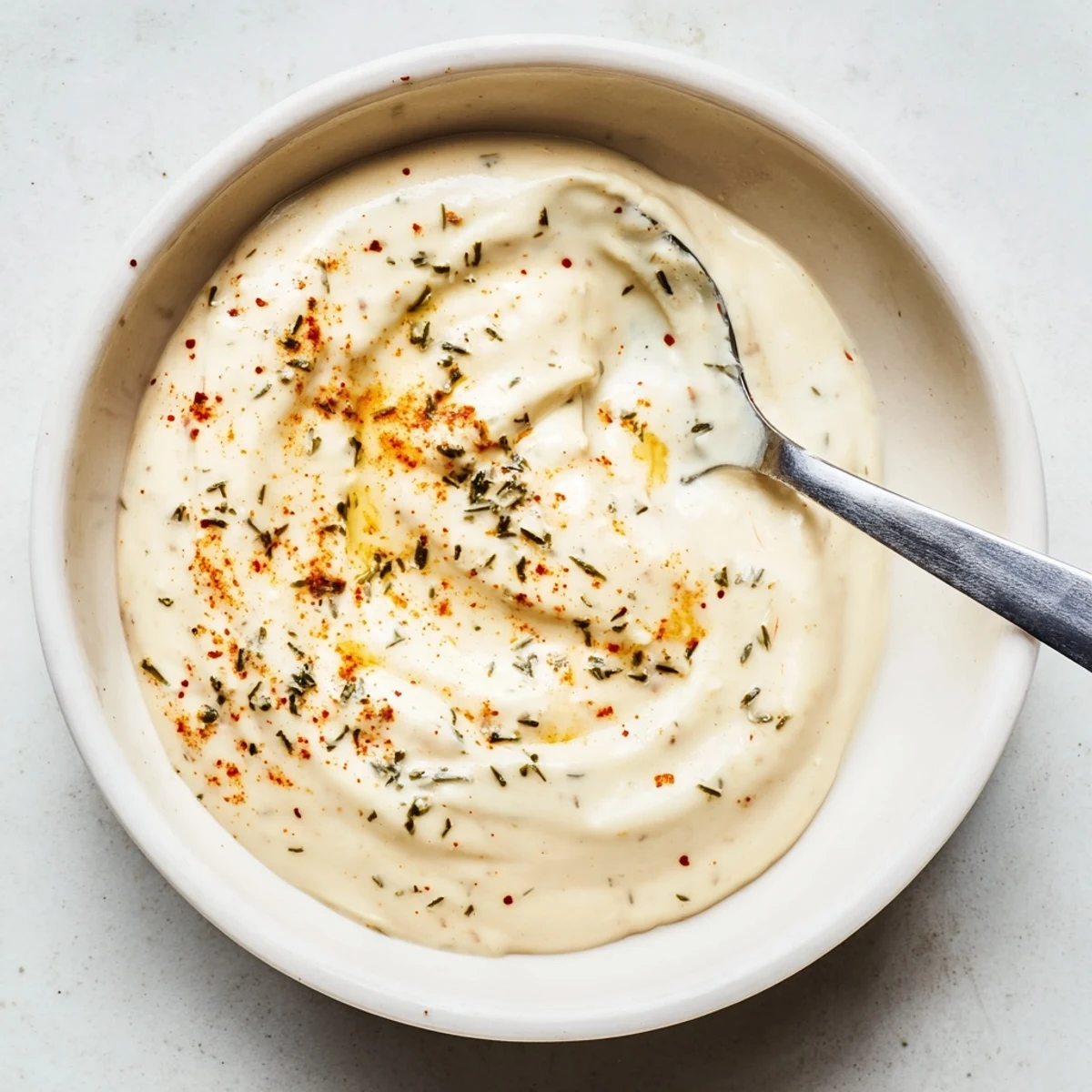 Chilled dip jar of Hot Honey Ranch Crispy Chicken Tenders Sauce served with crunchy vegetable crudités.