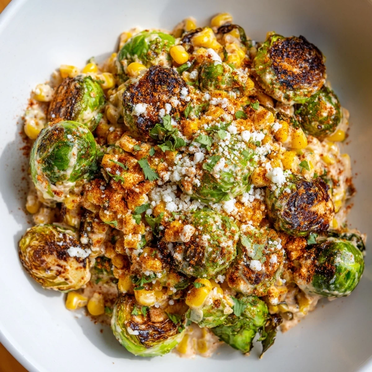 Golden roasted Brussels sprouts and charred corn tossed in a creamy lime sauce with crumbled cotija cheese.