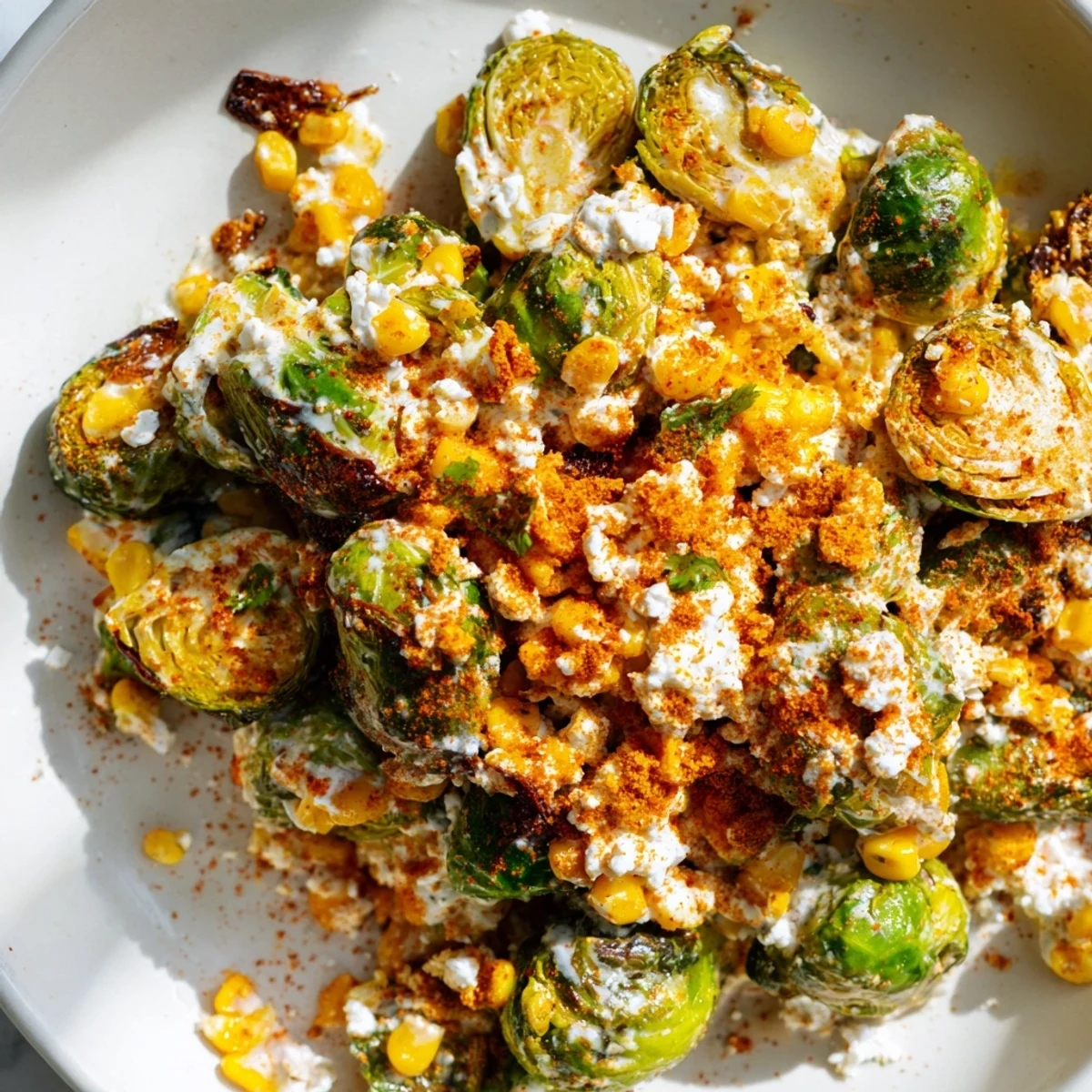 Mexican Street Corn Brussels Sprouts Delight served warm with a sprinkle of chili powder and fresh cilantro.