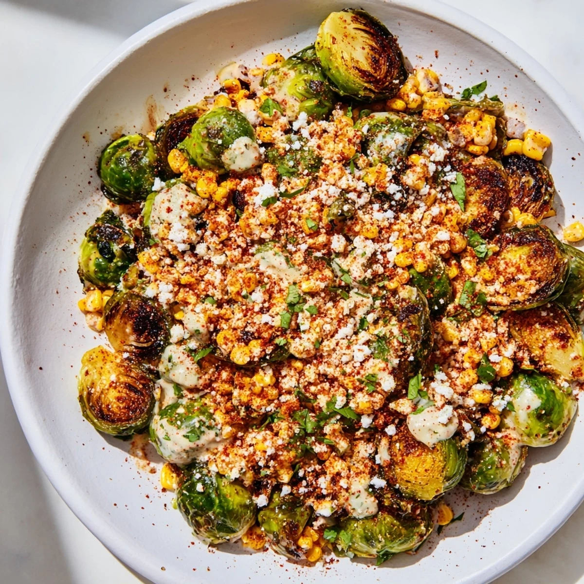 A vibrant bowl of Mexican Street Corn Brussels Sprouts Delight, perfect as a side dish or vegetarian main.