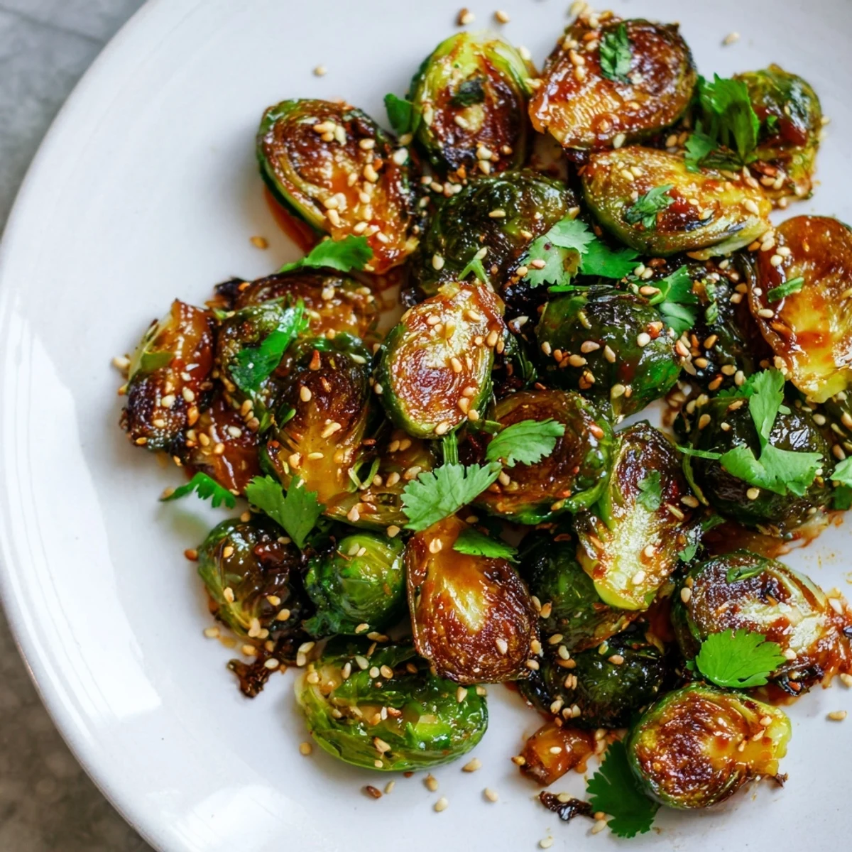 Golden roasted Brussels sprouts glistening with sticky honey Sriracha glaze on a white plate.