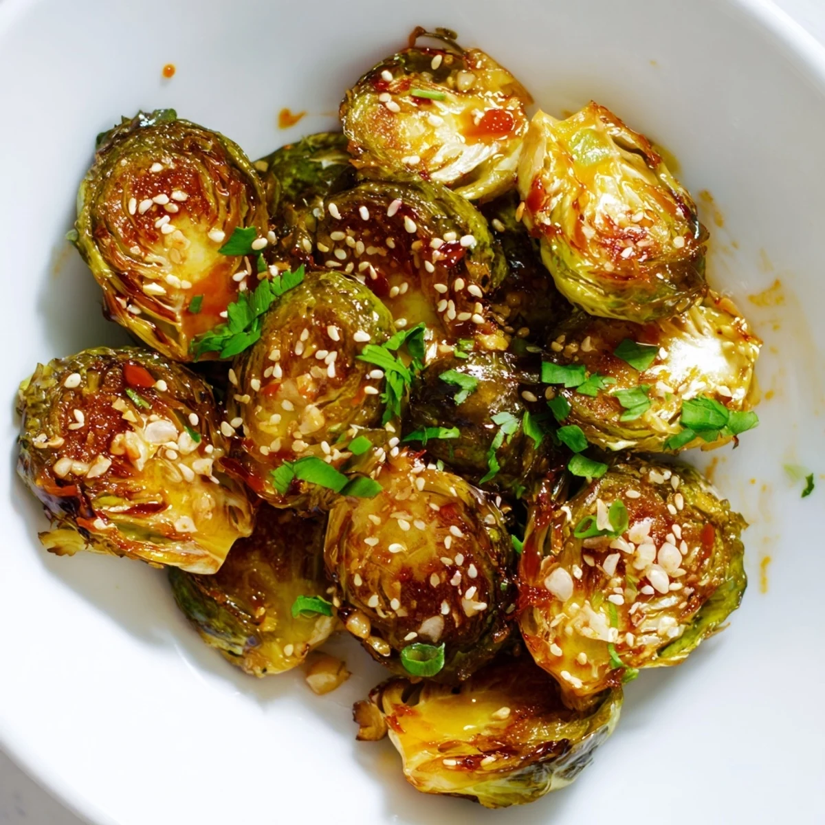Crispy Honey Sriracha Brussels Sprouts topped with sesame seeds and fresh cilantro garnish.