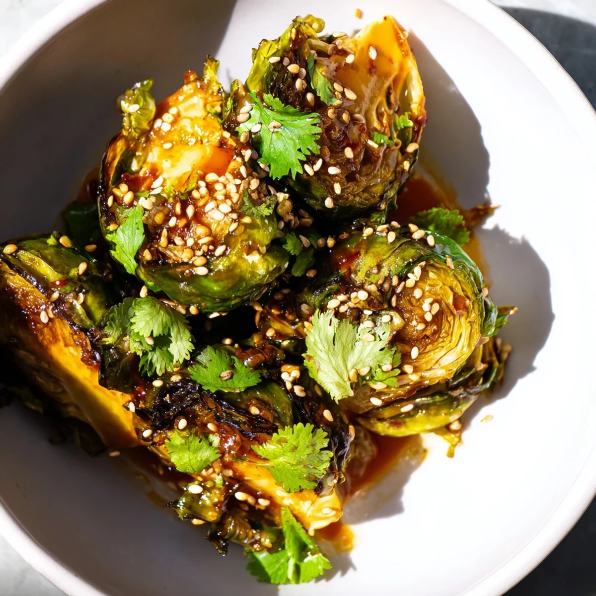 Roasted Honey Sriracha Brussels Sprouts served warm as a side dish with chopsticks nearby.