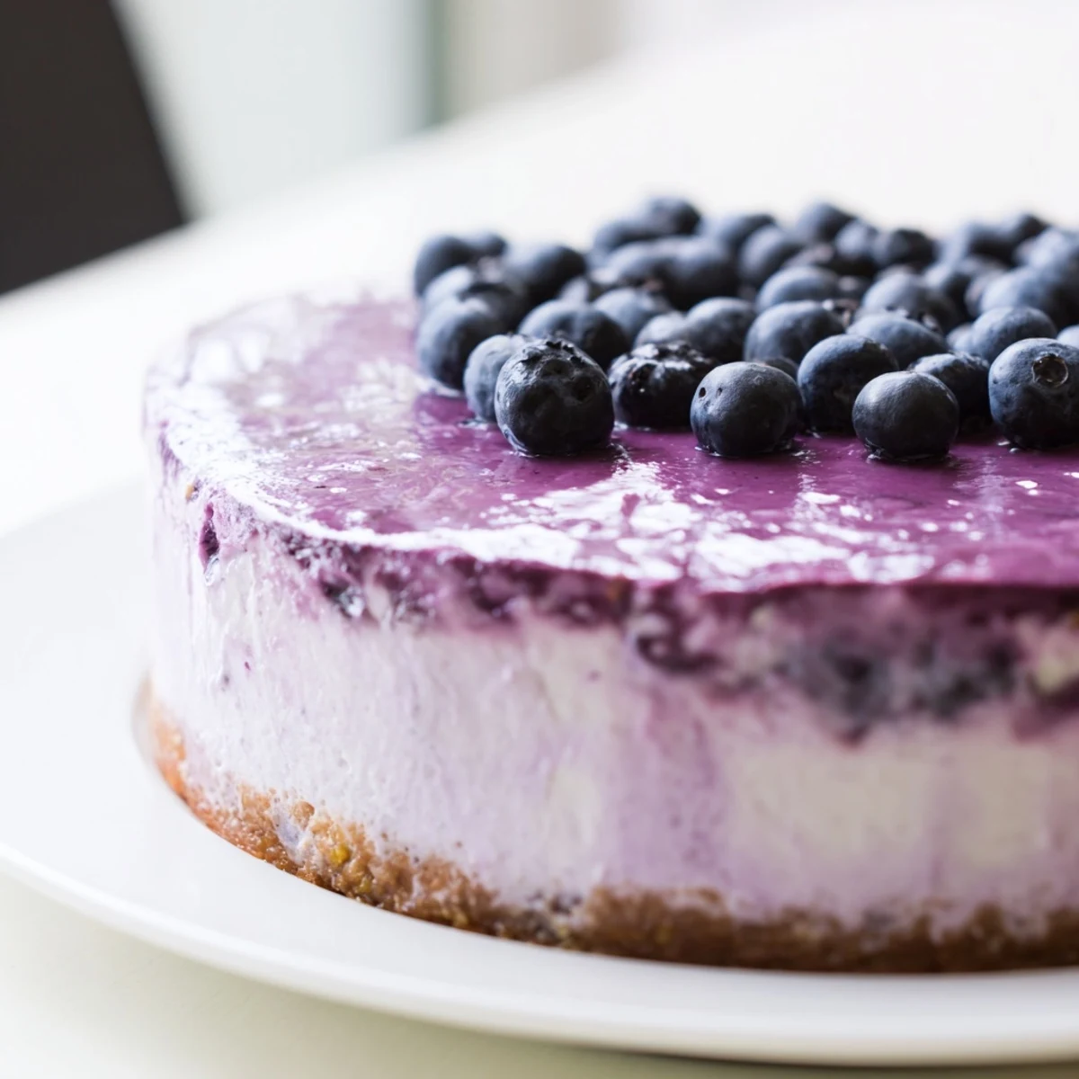 A chilled Blueberry Mousse Cheesecake decorated with fresh mint and berries on a rustic wooden table.