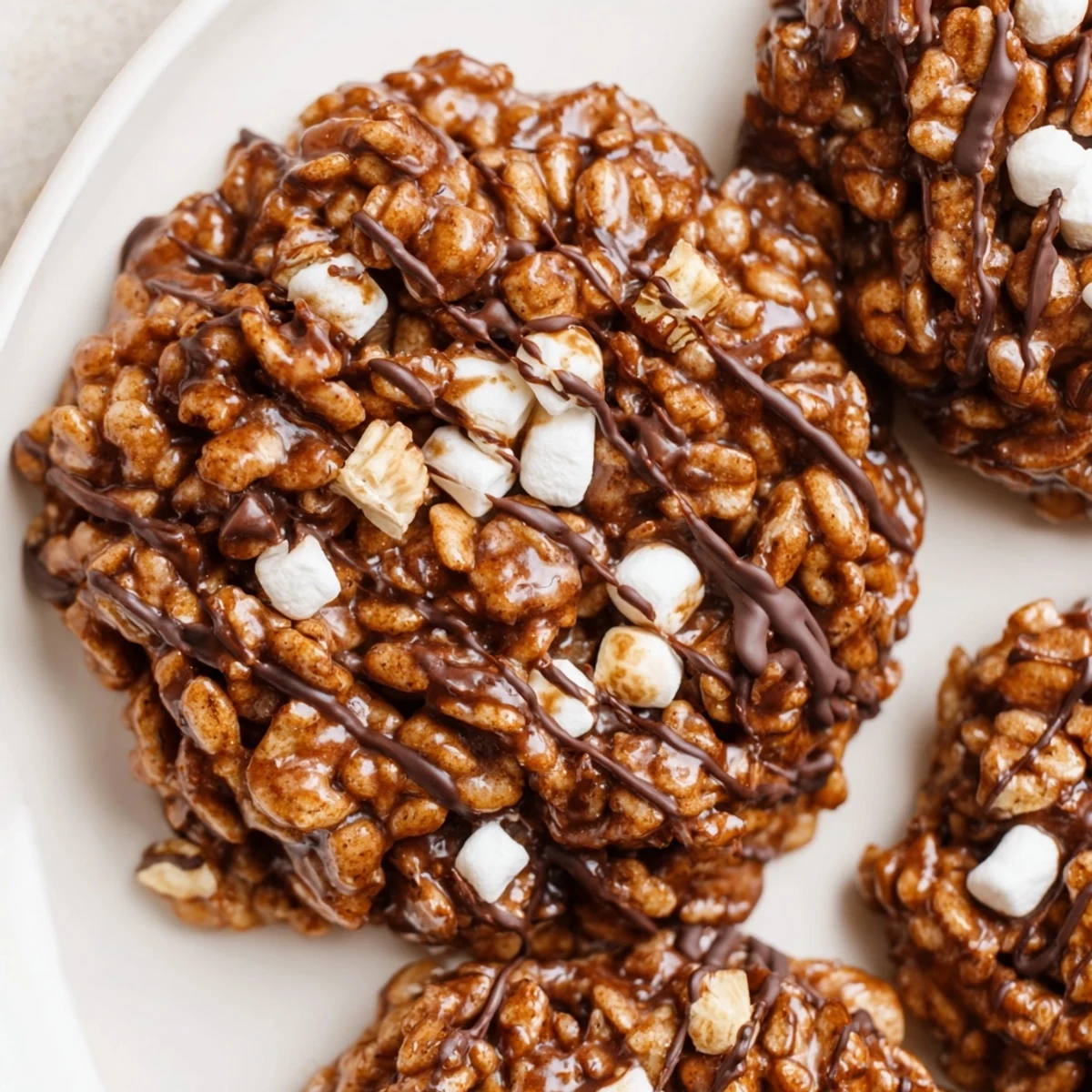 Stack of No Bake Coffee Crunch Rice Krispie Cookies with melted chocolate drizzle on a rustic wooden board.  