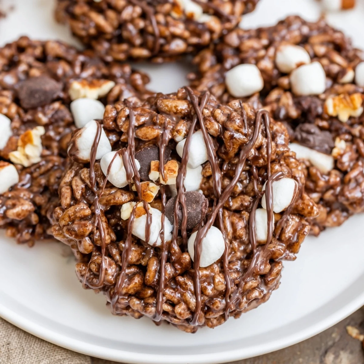 No Bake Coffee Crunch Rice Krispie Cookies stacked on a white plate next to a steaming mug of coffee.  