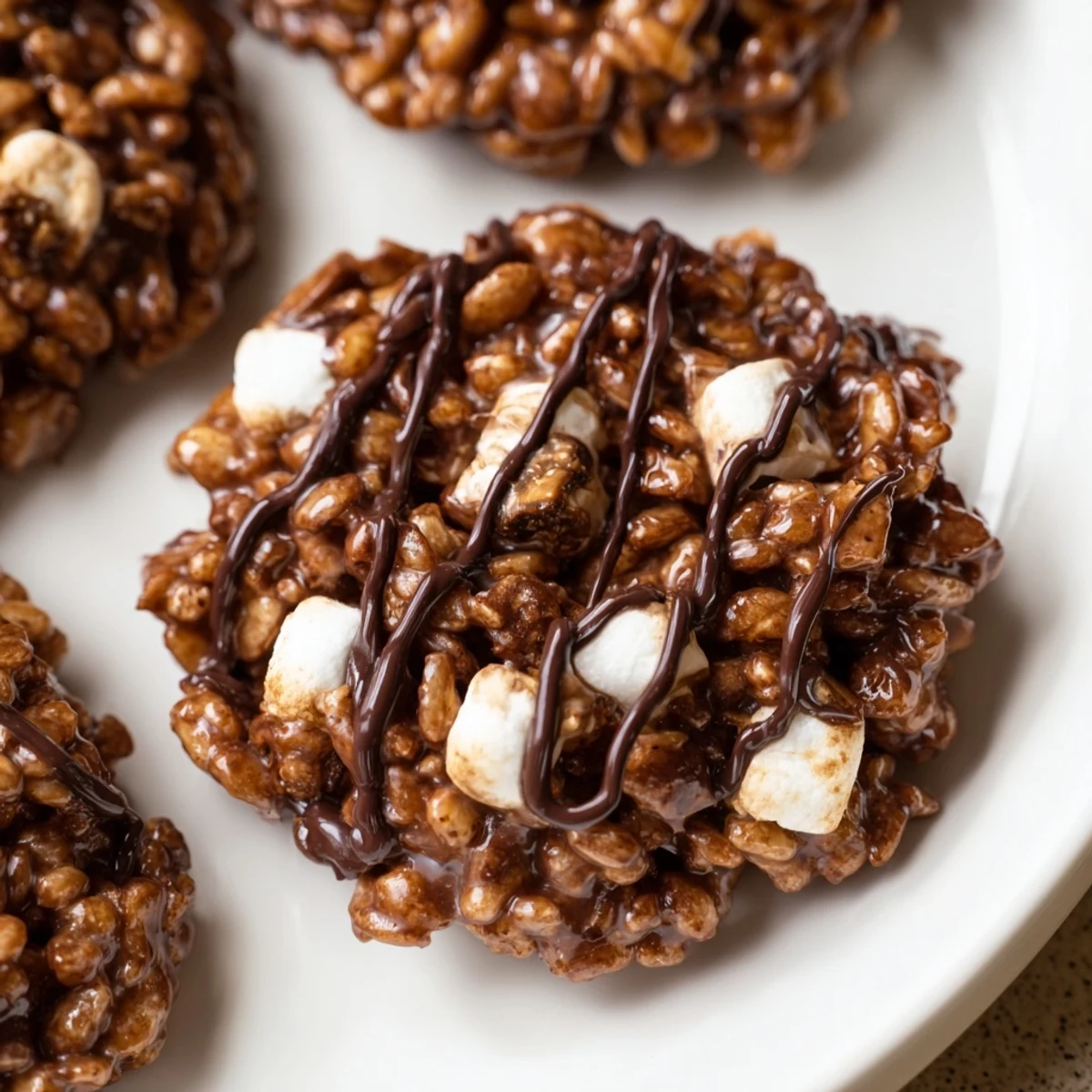 Close-up of No Bake Coffee Crunch Rice Krispie Cookies showing crunchy texture and glossy chocolate topping.
