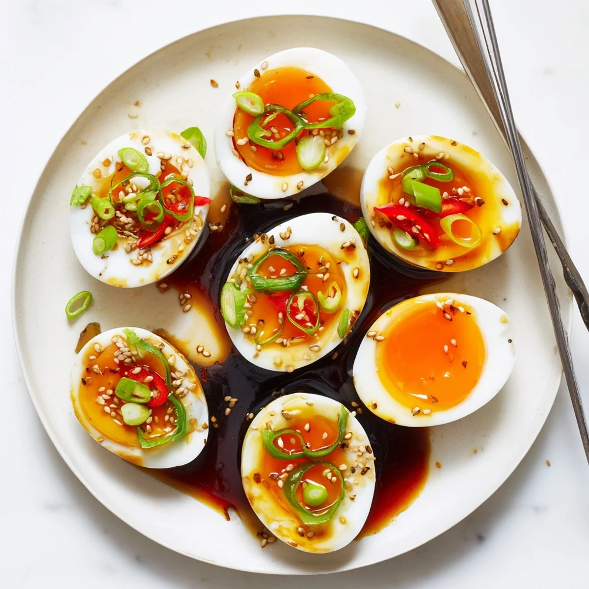 A close-up of Korean marinated eggs glistening in sweet and spicy marinade, served over a bowl of steamed rice.