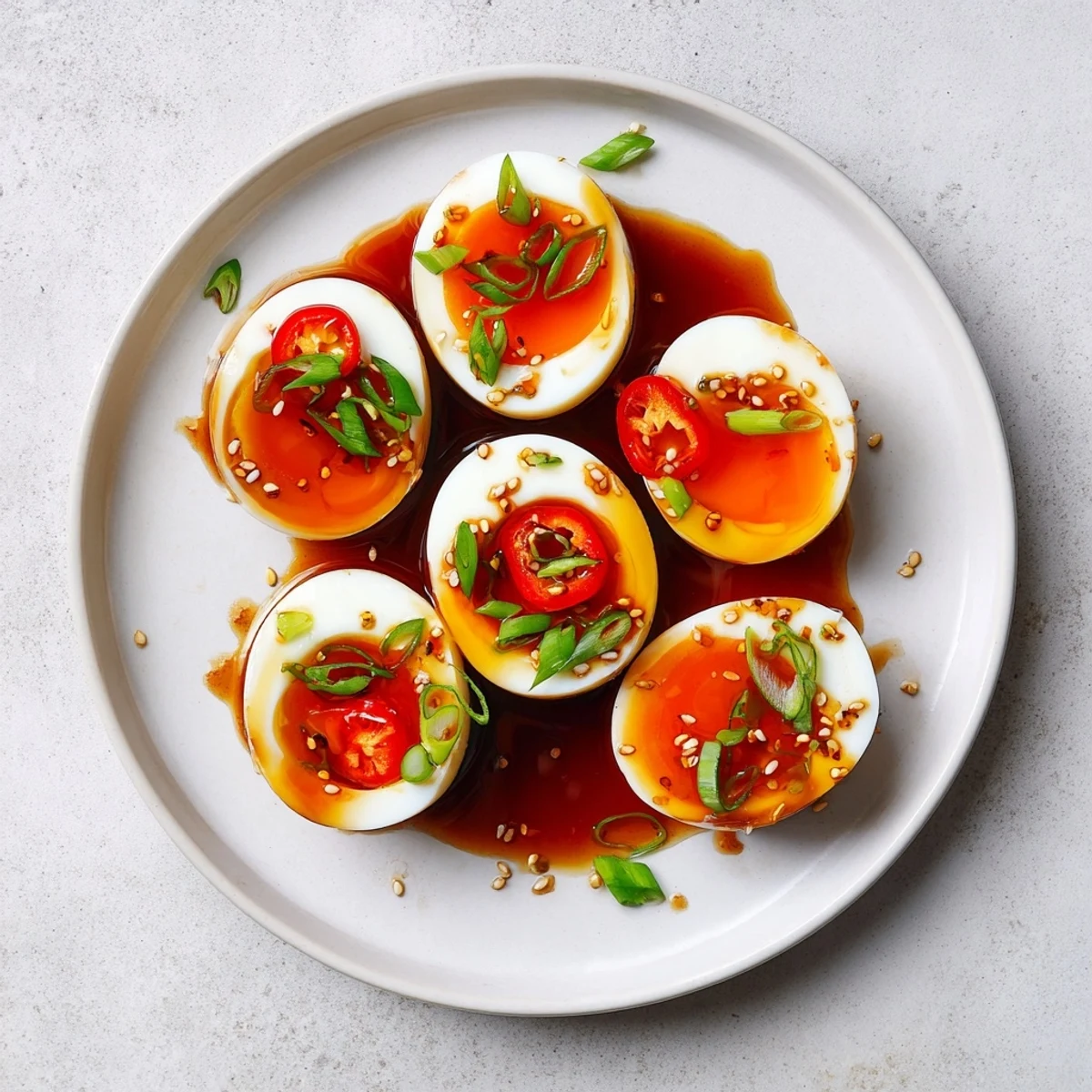 Korean marinated eggs halved to show creamy yolks, garnished with green onions and red chili peppers for a vibrant snack.