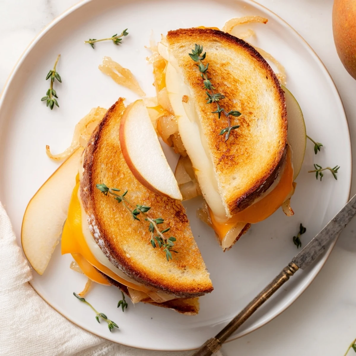 A photo of a warm Pear, Apple & Grilled Cheese with Caramelized Onions on a rustic wooden table.