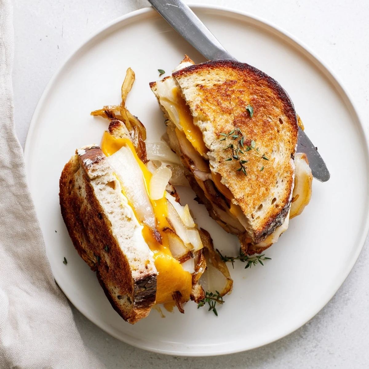 Close up of a sliced Pear, Apple & Grilled Cheese with Caramelized Onions revealing sweet fruit layers.