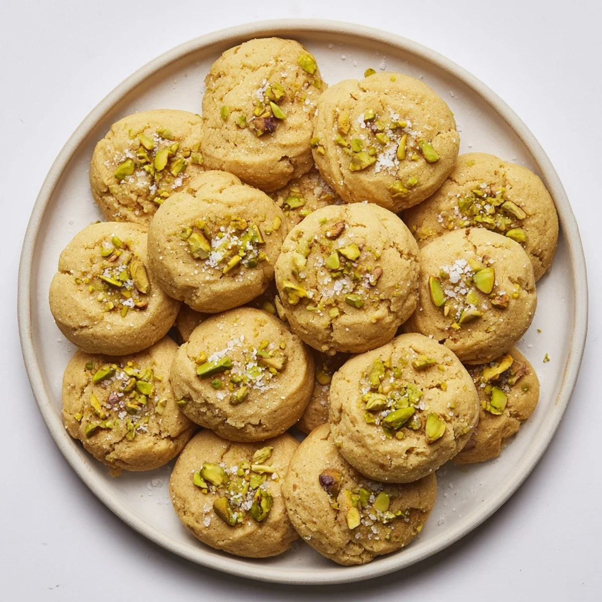 Freshly baked Salted Honey Pistachio Cookies on a wooden board, featuring golden edges and crunchy pistachios topped with flaky sea salt.