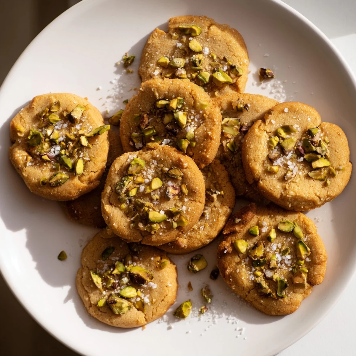 A close-up of a Salted Honey Pistachio Cookie broken in half, revealing a chewy interior with honey and pistachio pieces.
