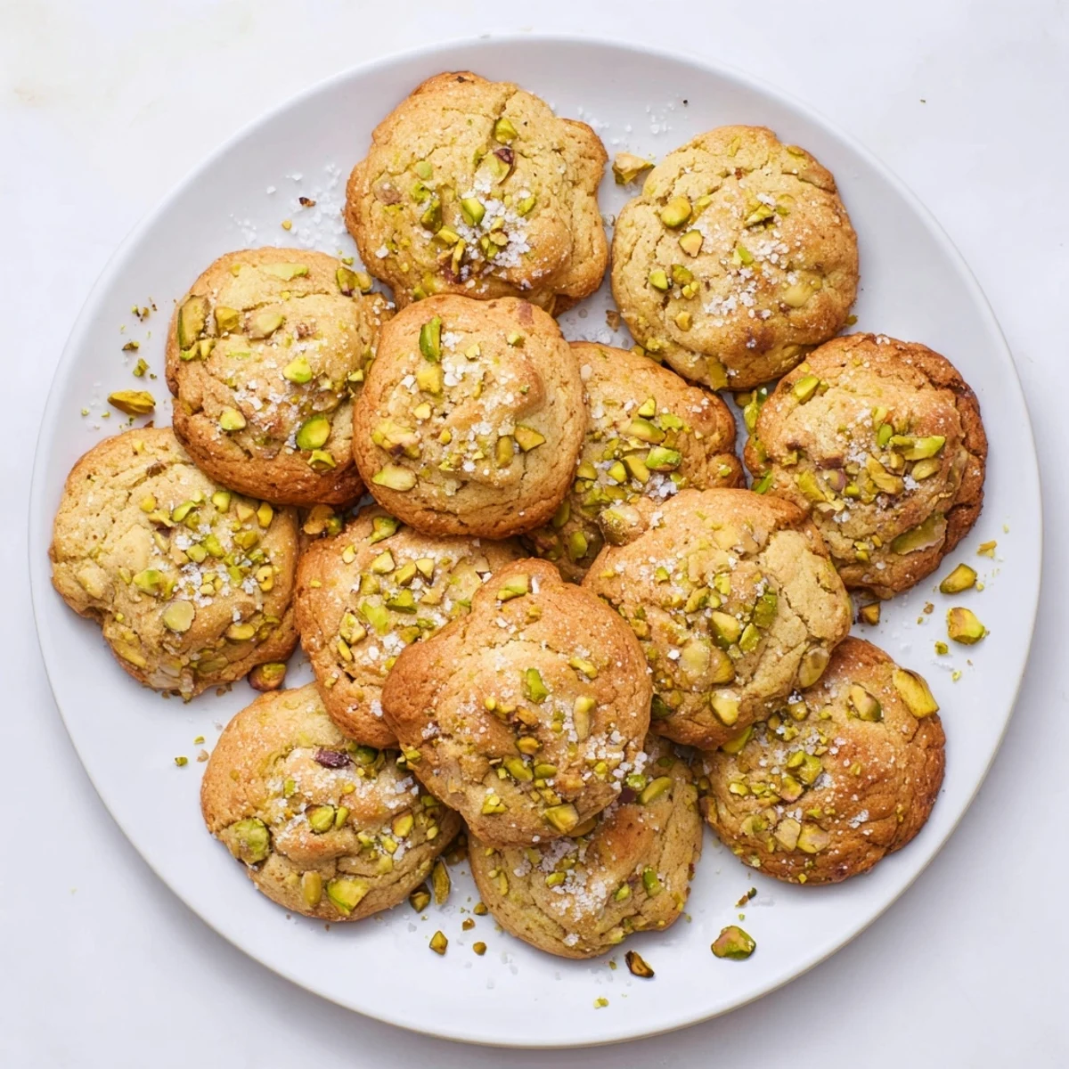 Stack of warm Salted Honey Pistachio Cookies ready to serve, perfect with a glass of cold milk for an afternoon treat.