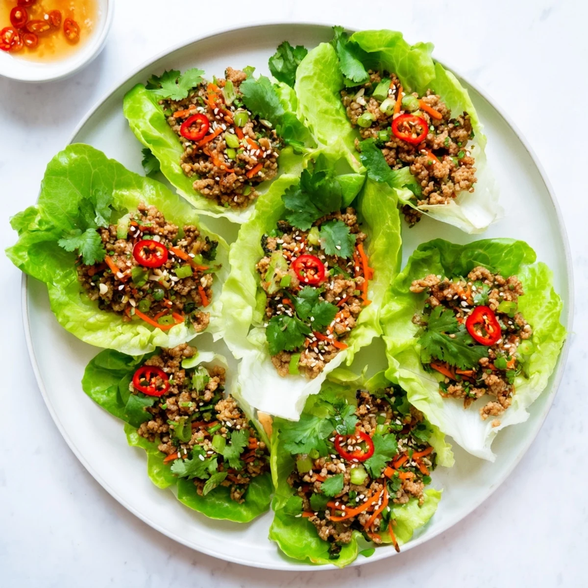 Crisp butter lettuce leaves cradle warm Potsticker Chicken Lettuce Boats with savory ginger chicken filling and fresh cilantro garnish.