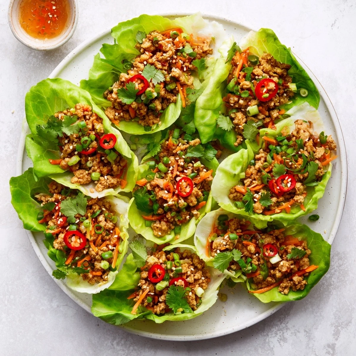 Serve these delicious Potsticker Chicken Lettuce Boats on a white platter, highlighting golden sesame seeds and red chili slices for a vibrant meal.