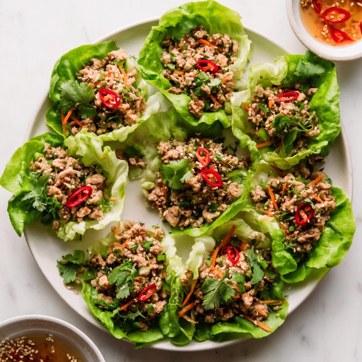 Spoon the aromatic Potsticker Chicken Lettuce Boats into your mouth, featuring crunchy carrots and water chestnuts beside a tangy dipping sauce.