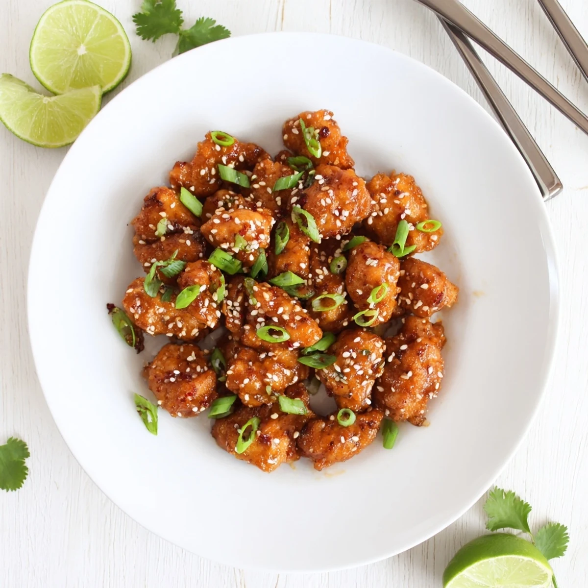 Golden-brown Sweet and Spicy Thai Chicken pieces glazed in a glossy, vibrant Thai-inspired sauce are served over fluffy jasmine rice.