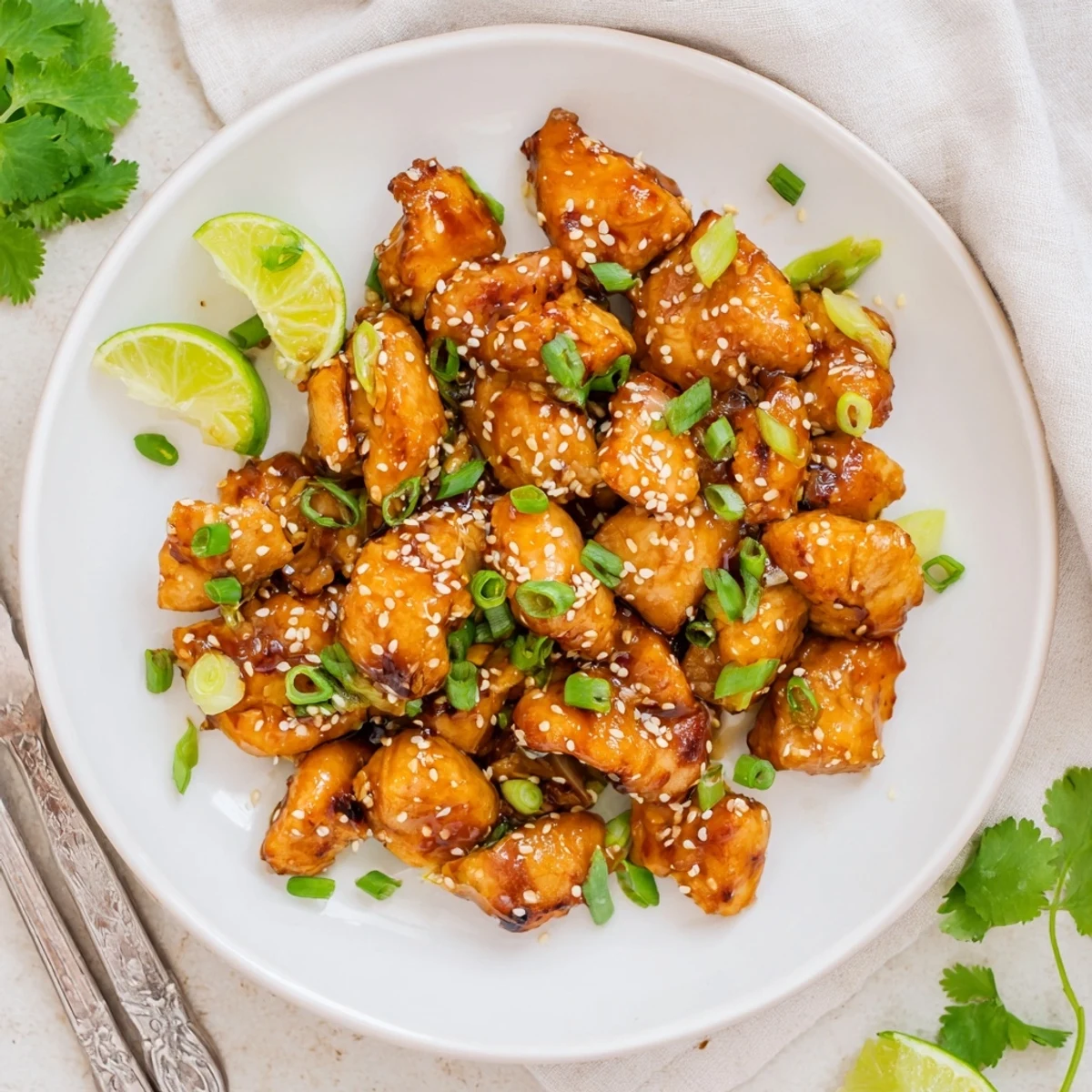 Fresh cilantro and sliced green onions garnish this aromatic Sweet and Spicy Thai Chicken, alongside lime wedges on a plate.
