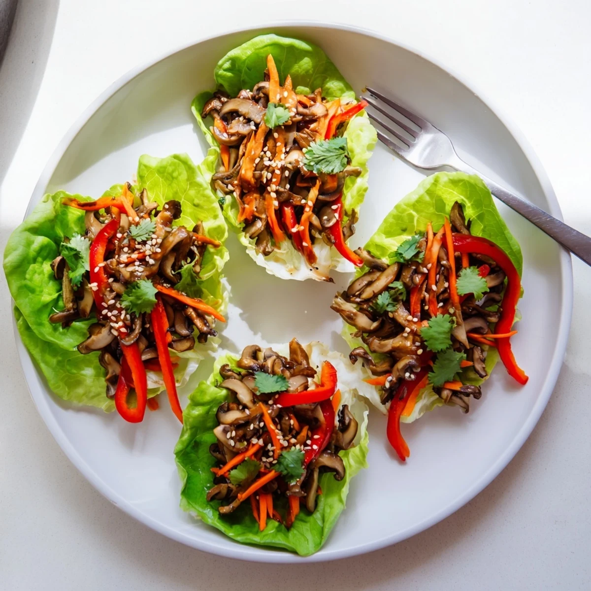 Savory Shiitake Mushroom Lettuce Wraps with crisp lettuce and vibrant carrots and peppers for dipping.