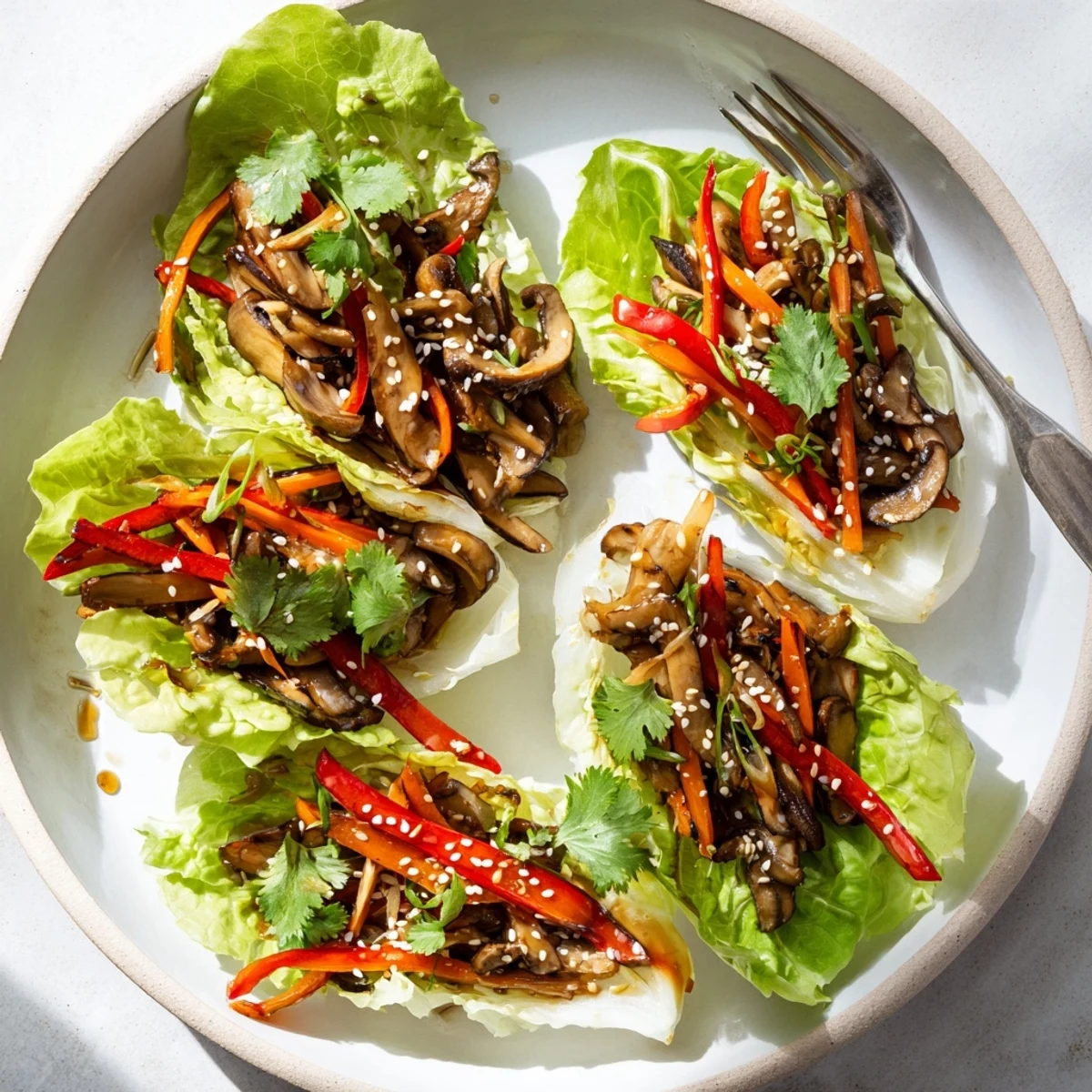 Close-up of homemade Shiitake Mushroom Lettuce Wraps, perfect for a light Asian-inspired appetizer.