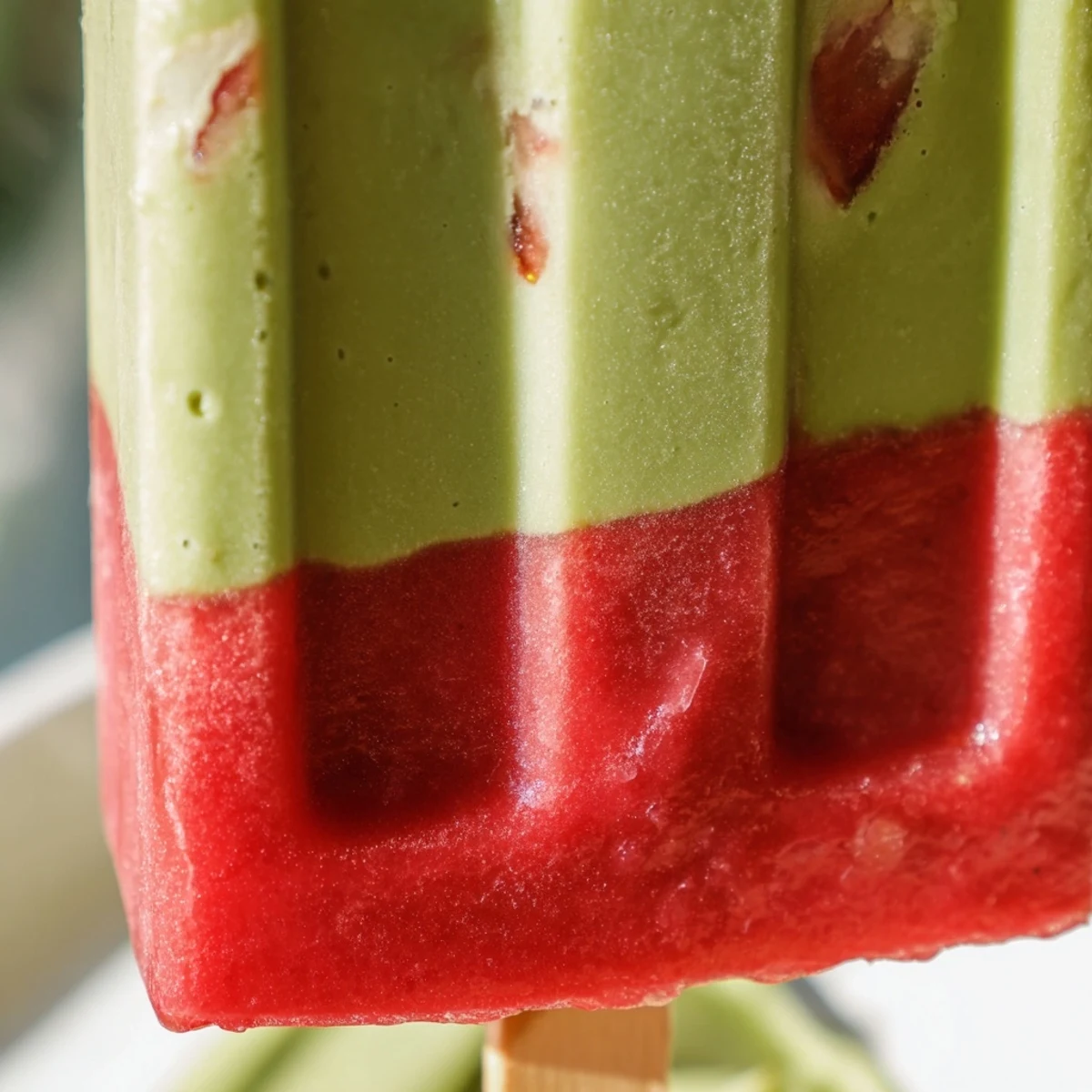 Close-up of layered Strawberry Matcha Latte Popsicles revealing smooth textures and a wooden popsicle stick on a rustic table.