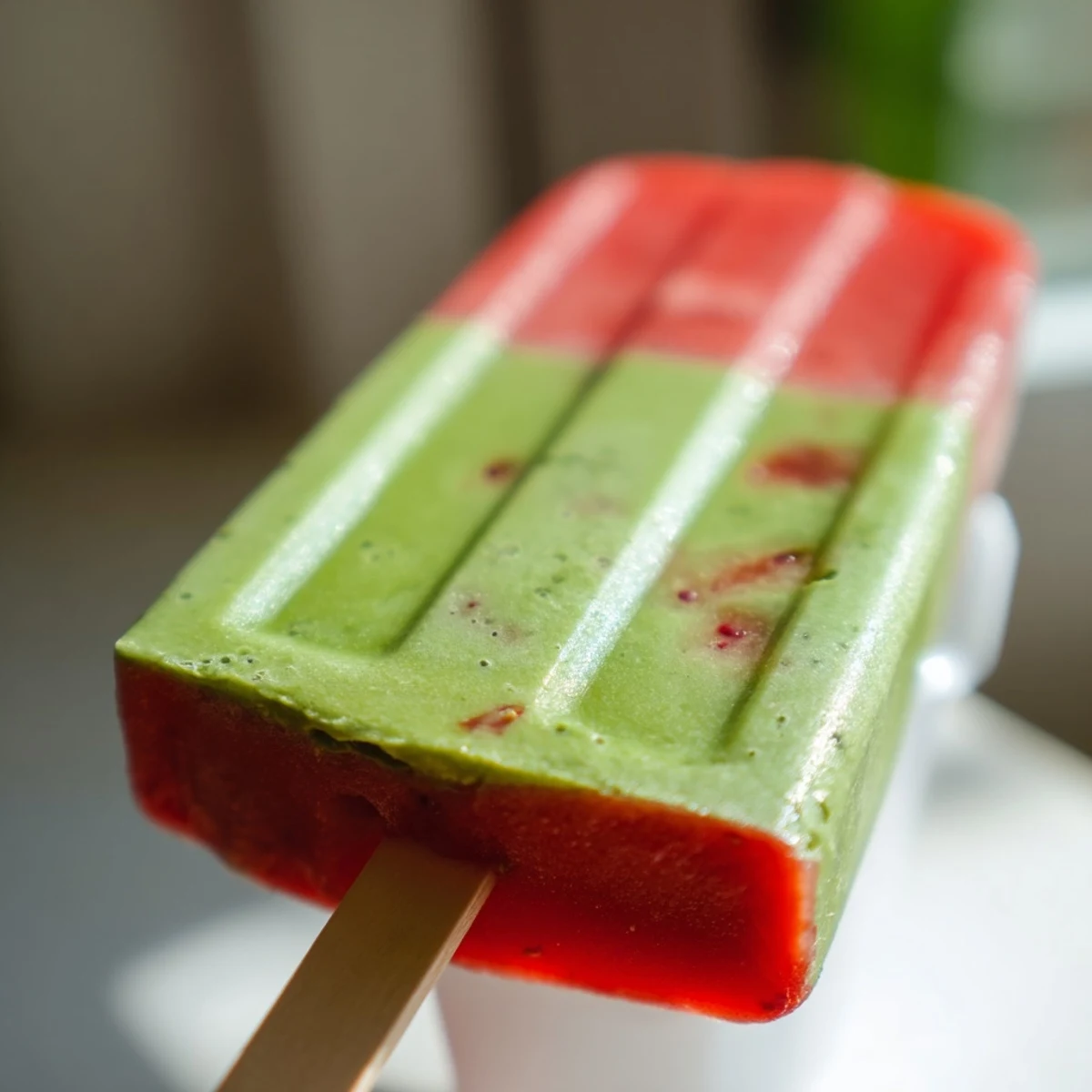 Homemade Strawberry Matcha Latte Popsicles displayed on a marble tray, garnished with mint leaves and sliced fresh strawberries.