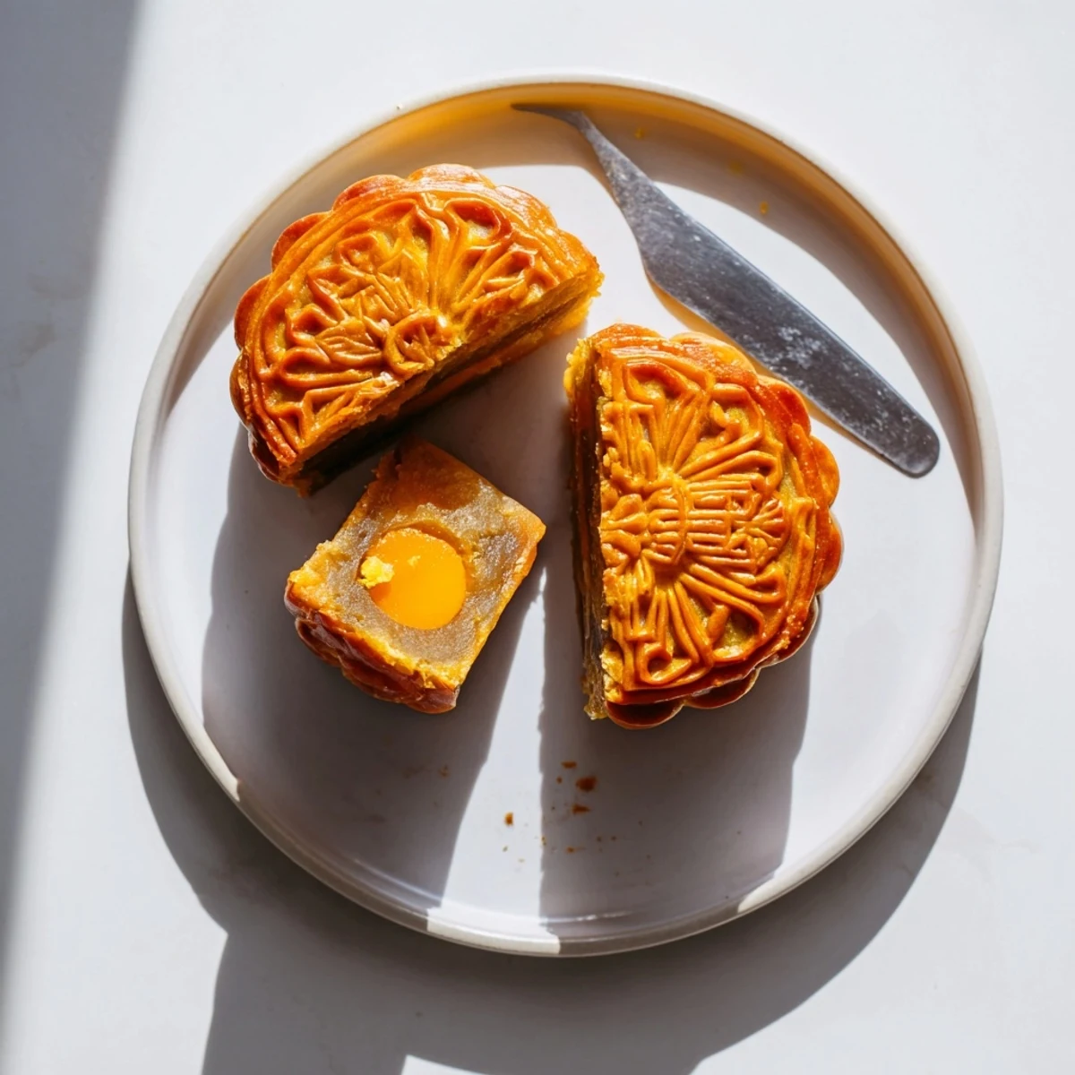 A close-up of a freshly baked mooncake reveals a glossy egg-washed crust, highlighting the traditional Mid-Autumn Festival treat.