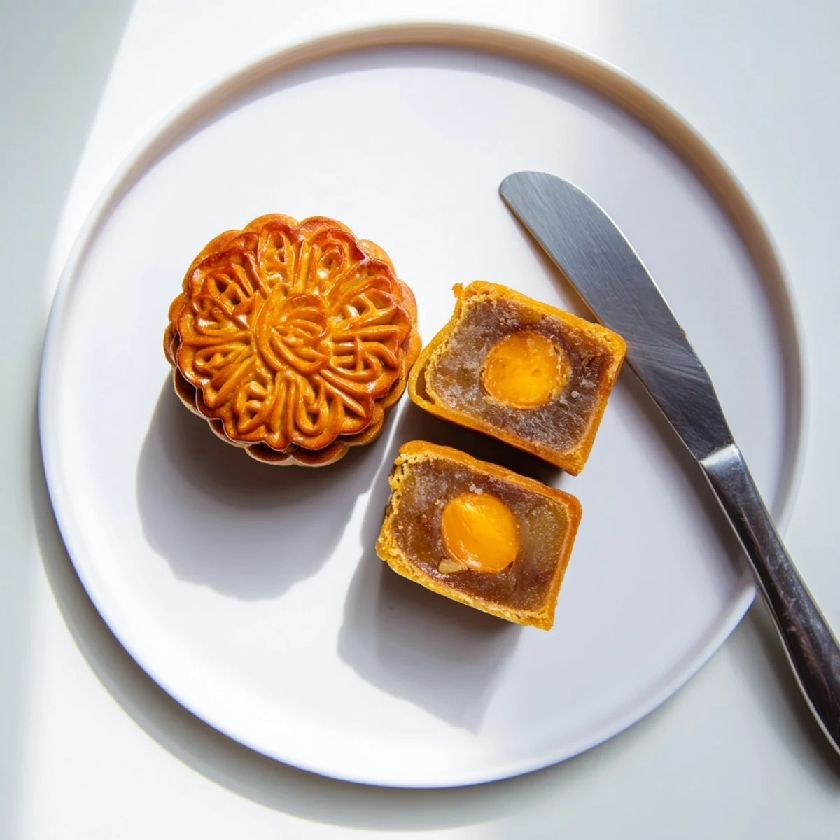 These homemade Chinese mooncakes, featuring a dense lotus paste center, are plated with a cup of hot tea for serving.