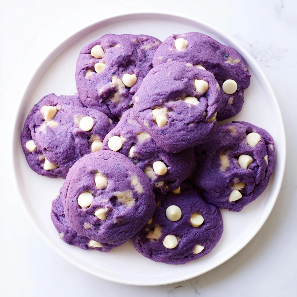 A stack of soft, chewy White Chocolate Ube Cookies with a vibrant purple hue and creamy white chocolate chips melting on top.